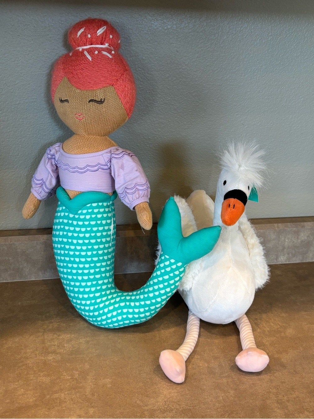 Knit/Embroidered Purple/Teal Mermaid Plush Doll & White/Pink Stuffie Swan NWT